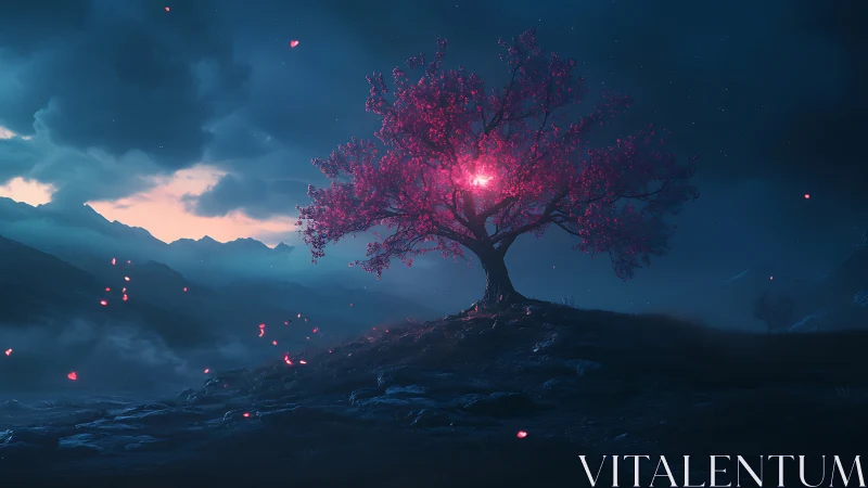 Luminous magenta tree emits volumetric glow in nocturnal valley