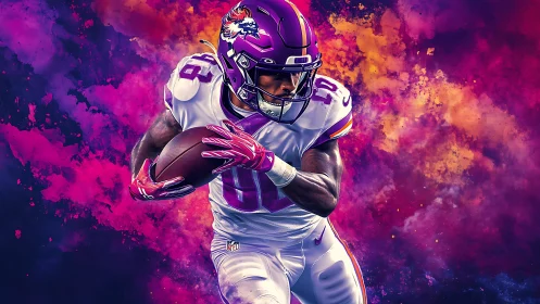 Football player running with ball on vivid abstract backdrop.