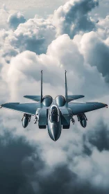 Steel-winged fighter slices sky above sculpted storm clouds.