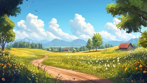 Digital pastoral landscape with winding path and distant peaks.