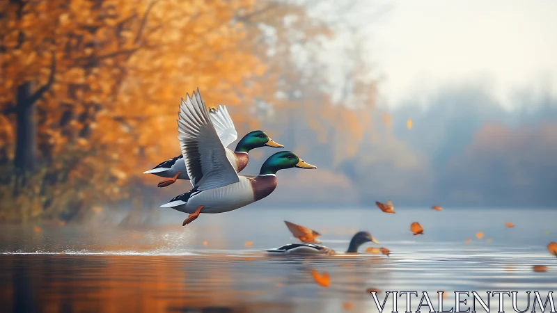 Mallard jetstream over ember-bright autumn waters.