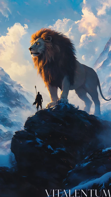 Majestic lion towers over lone warrior on icy summit.
