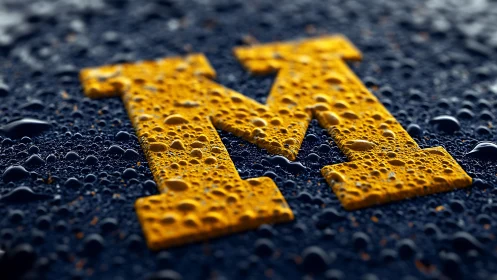 Golden letter M drenched in cinematic raindrop shimmer.