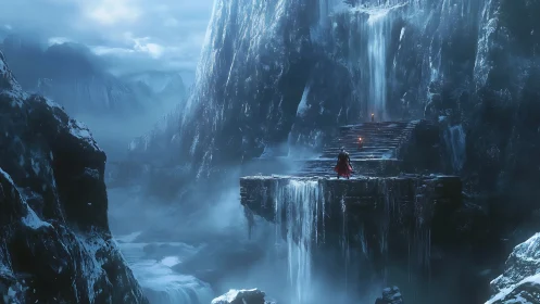 Lone figure ascends frozen cliff altar under icy waterfalls