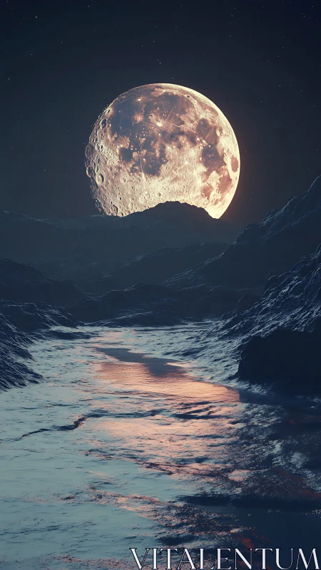 Giant moonrise bathes an alien river valley in silver light