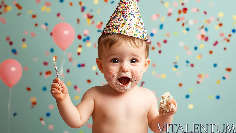 Toddler exhibiting celebratory behavior with confetti dispersal and chromatic party apparatus arrang