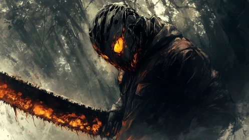 Infernal woods slasher in high-contrast digital painting.