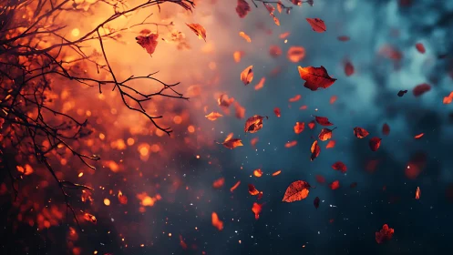 Autumn Leaves Dancing in Golden and Teal Light