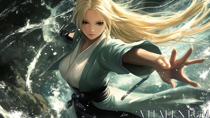 Blonde warrior in teal robe controlling dynamic water flow.