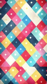 Colorful geometric diamond grid with polka dots pattern.