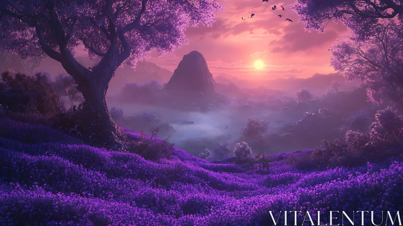 Dreamy violet valley welcomes a glowing fantasy sunrise
