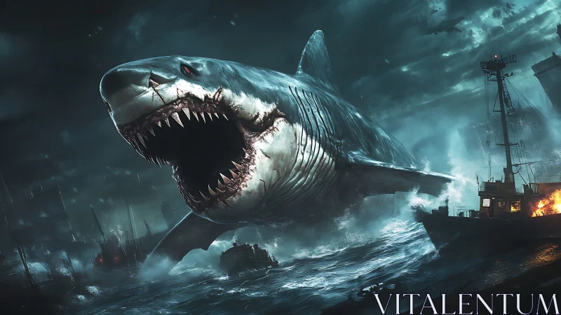 Giant mutant shark attacking ships in stormy ocean port.