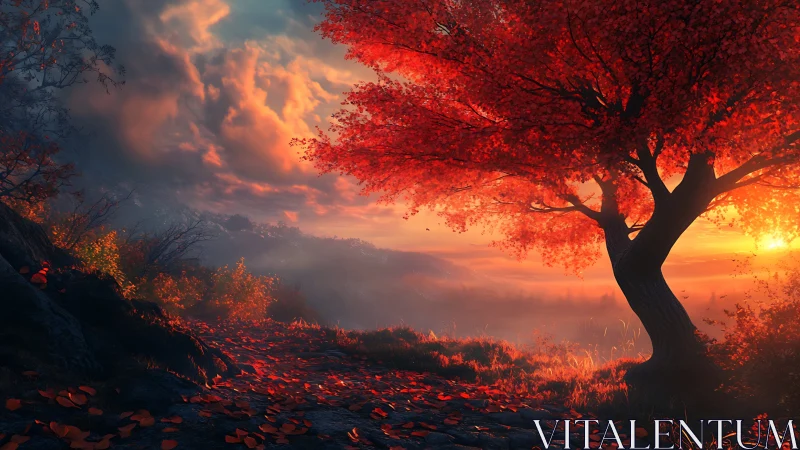 Glowing autumn tree welcoming the sunset’s gentle embrace.