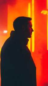 Male silhouette stands before vertical neon-lit background