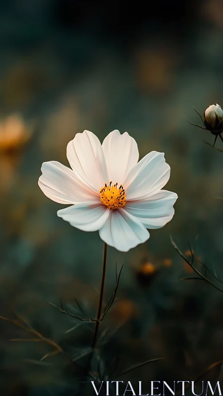Cosmos bloom in shallow depth with warm bokeh field.
