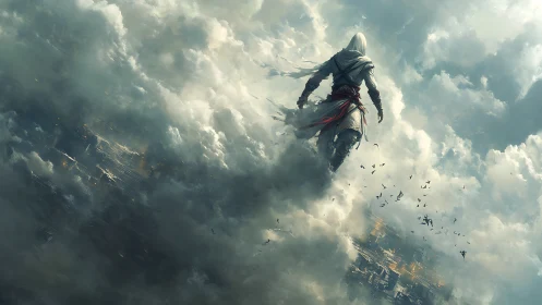 Lone white cloaked assassin striding through storm clouds.