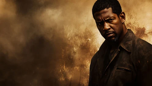 Brooding man in dramatic sepia-toned cinematic portrait.