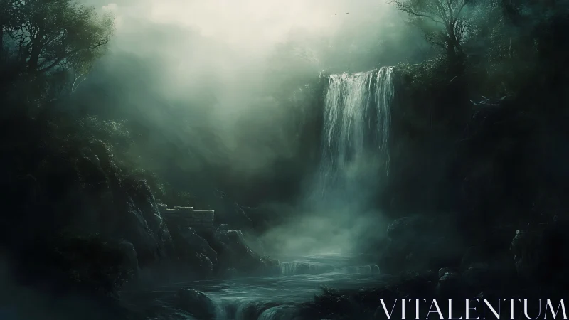 Volumetric mist waterfall basin under diffuse twilight illumination.