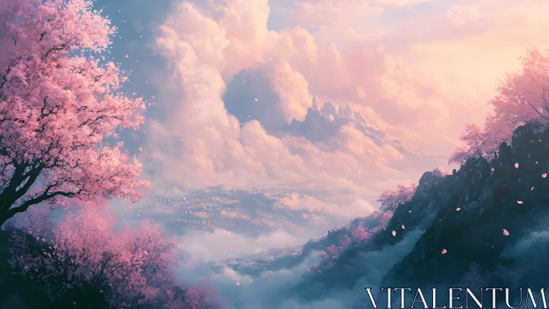 Atmospheric depth study of misty valley with pink blossom ridges