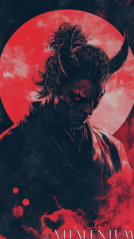 Horned ronin under blood moon broods in burning shadow.