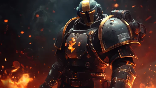 Armored sci fi soldier in black power suit amid sparks.