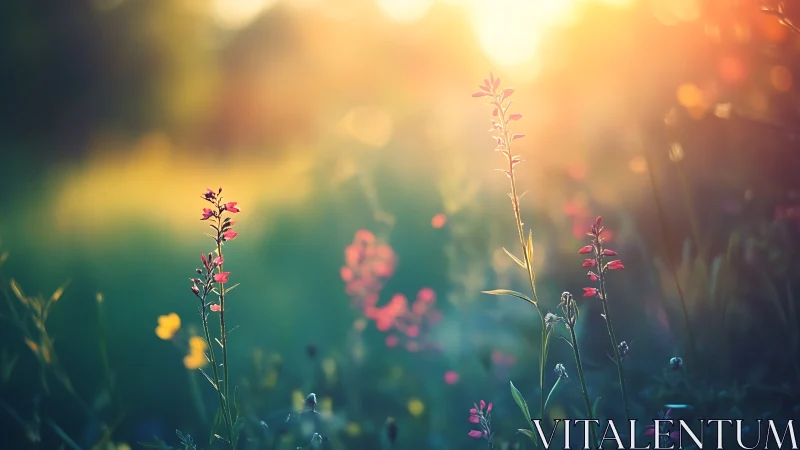 Wildflowers glow in dreamy sunset bokeh meadow light.