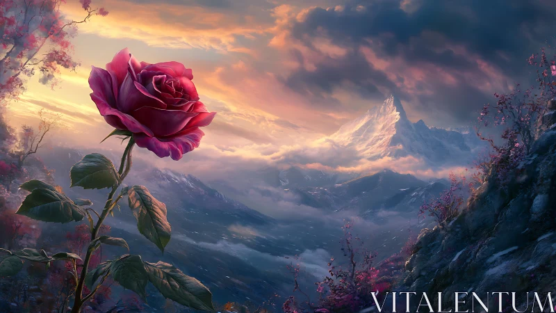 Macro-scale crimson rose against glacial sunset massif.