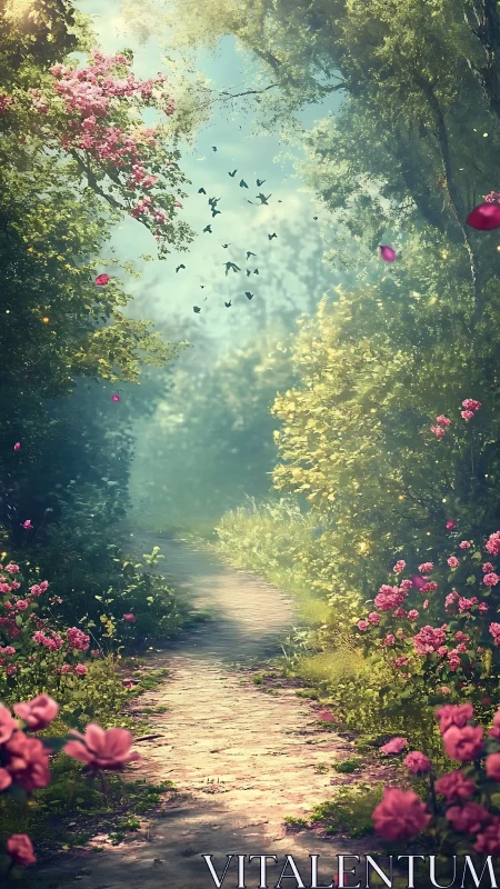 Floral forest pathway under diffuse volumetric morning light.