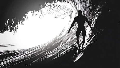 Surfer silhouette cuts through monochrome breaking wave.