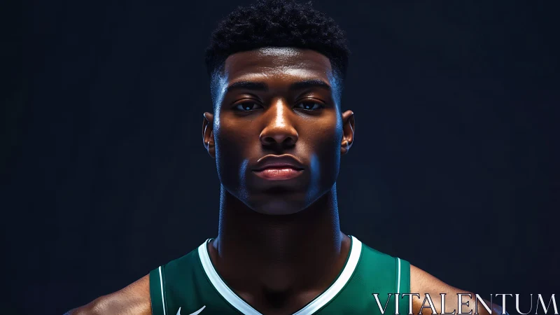 Confident basketball player portrait in green jersey.