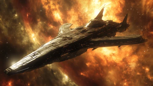 Colossal starship cuts through molten-gold cosmic nebula