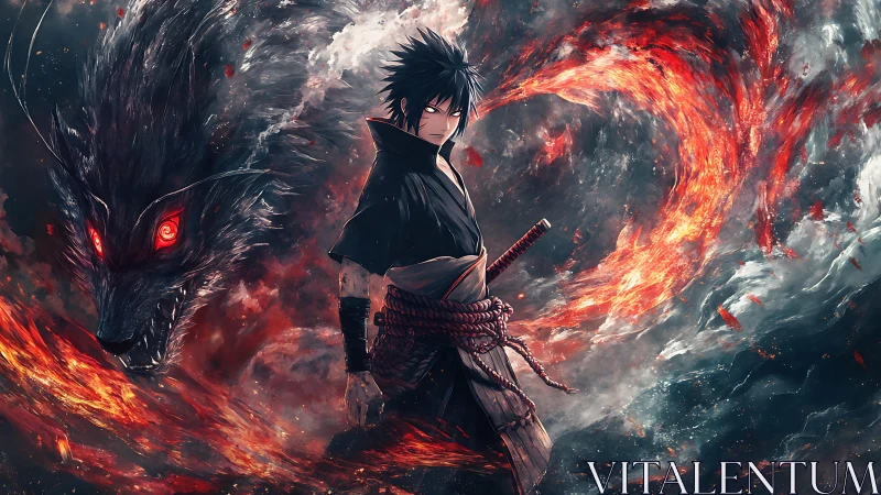 Dark swordsman with flaming spectral wolf in storm vortex.