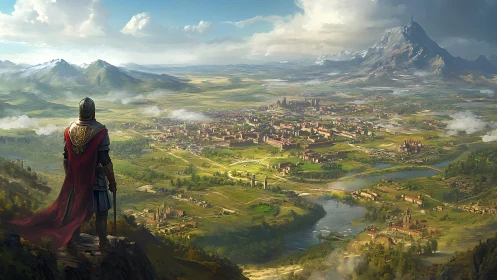 Lone armored wanderer gazes over a bright fantasy kingdom