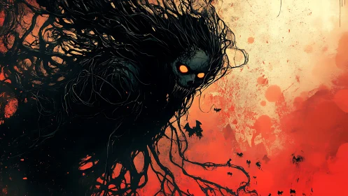 Nightmare wraith emerging over blood red inferno sky.