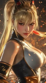 Digital painting of fierce warrior heroine in ember-lit armor.