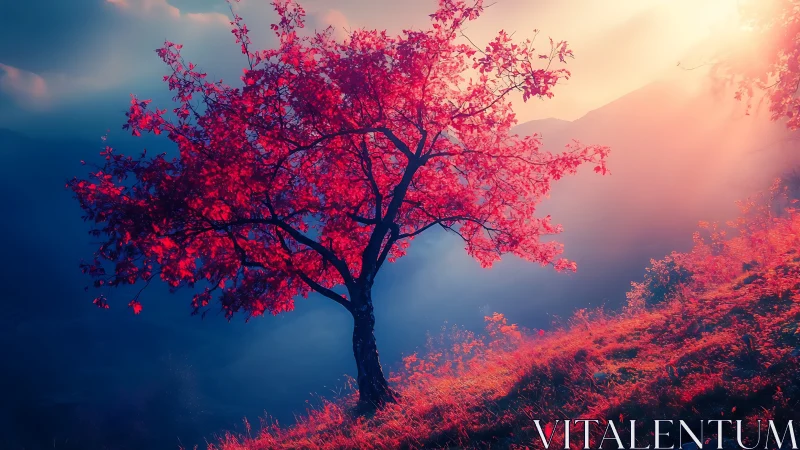 Sunlit crimson tree glowing warmly on a dreamy hillside.