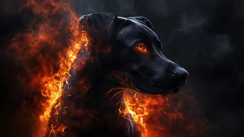 Fiery black dog portrait in dramatic burning silhouette.