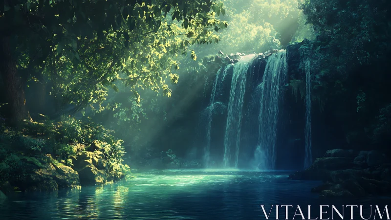 Sunlit forest waterfall and tranquil emerald pool escape.