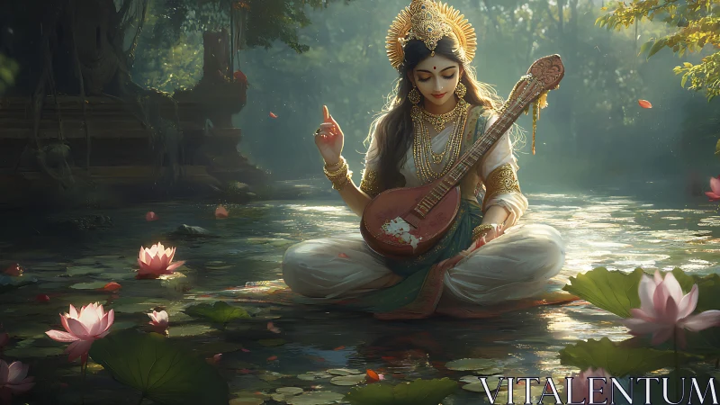Lotus goddess meditates over glowing forest water. Period.