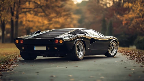 Vintage black supercar on autumn driveway with soft bokeh light.