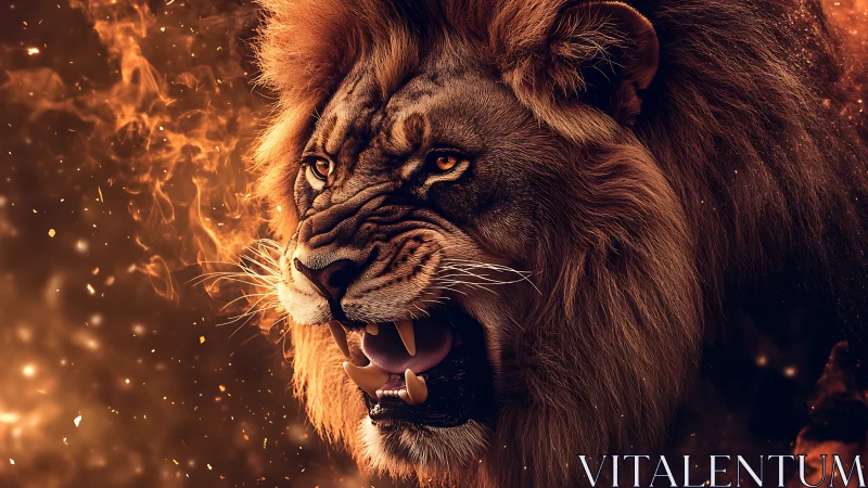 Photorealistic roaring lion amid embers with dramatic lighting.