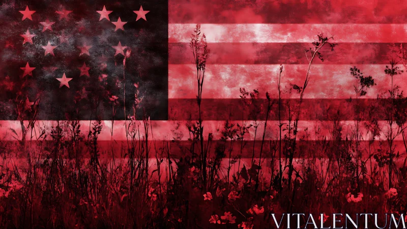 Grunge American flag overlay with dark wildflower silhouettes.