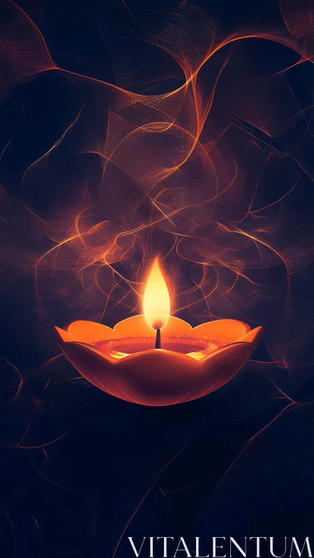 Glowing lotus candle with abstract orange light trails.