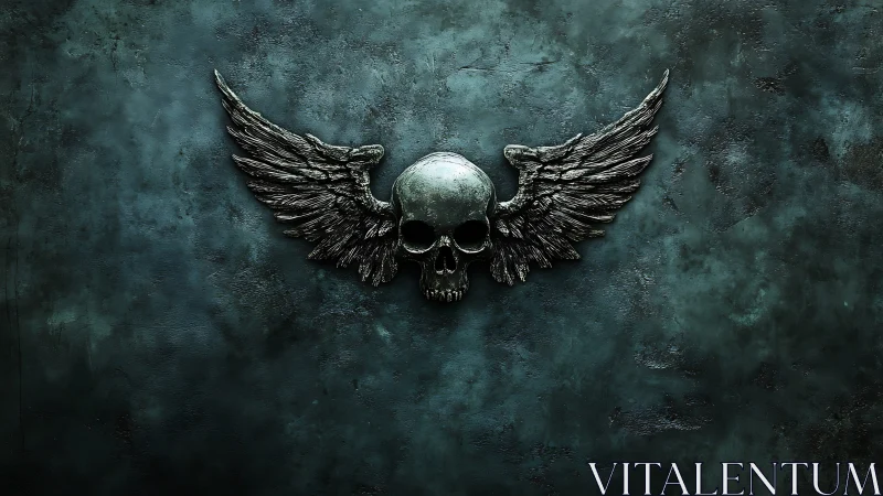 Winged metallic skull emblem rests on distressed teal wall