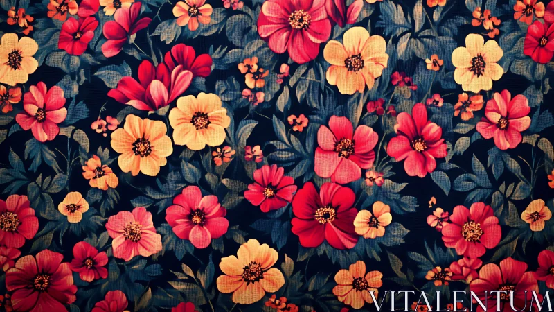 Chromatic Floral Tessellation: Dense Blooms Against Deep Navy Ground.