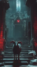 Horned black ram on stone steps before ruined temple.