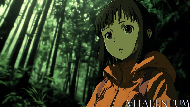 Anime hiker portrayed in moody, high-contrast forest lighting
