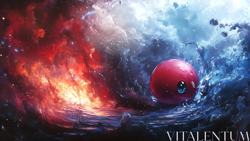 Cosmic red orb between blazing fire and frozen storm.