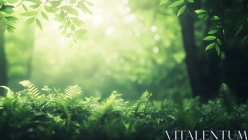 Sunlit Forest Sanctuary: Where Ferns Dance in Golden Light.