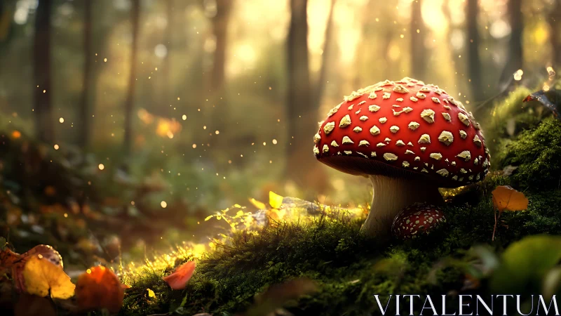 Sunlit fly agaric glows over mossy forest floor clearing